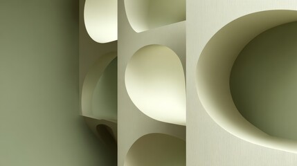 Abstract 3D rendering of a minimalist beige and green geometric structure with rounded cutouts, showcasing a modern architectural artistic style in a futuristic context, featuring a series o