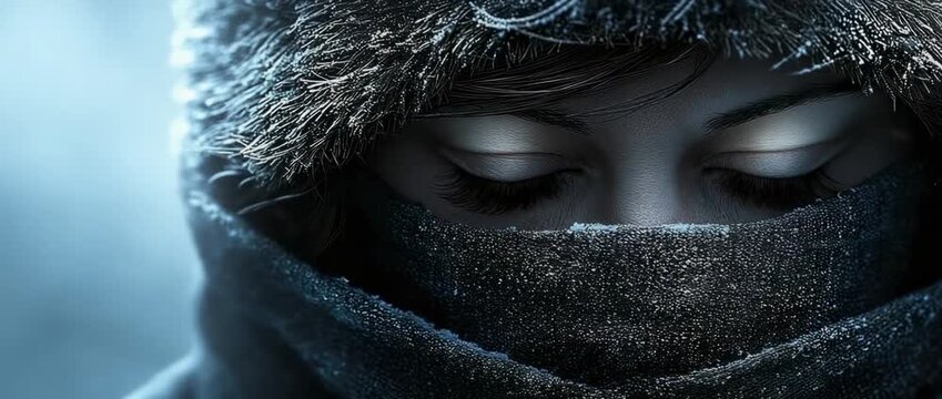 Intense close up of blue eyes looking out from  warmly bundled face in the cold