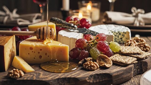 A rustic cheese board with honey-drizzled cheeses, grapes, nuts, and crackers on wood with candles!!