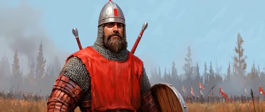 Medieval warrior in chainmail and red tunic stands ready before  distant battlefield scene