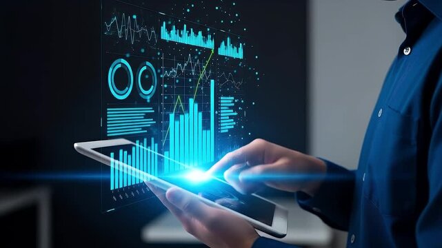 Data analysis and business intelligence. Visualization of KPIs. Graphs and statistical reports. Businessperson using tablet computer to look at analytics dashboard.
