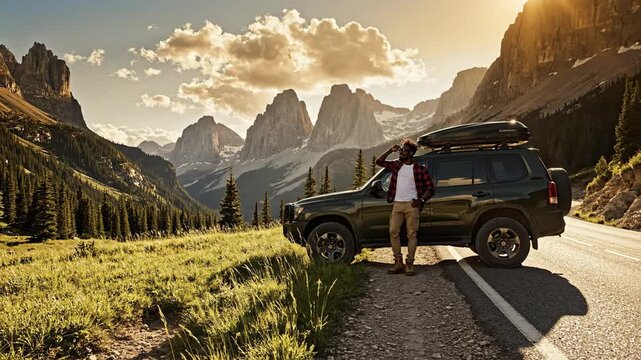 Adventure Road Trip Stop in Majestic Mountain Landscape