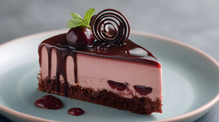 slice of chocolate cherry mousse cake with glossy topping