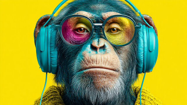 Anthropomorphic monkey with colorful makeup, glasses, and headphones against bright yellow background.