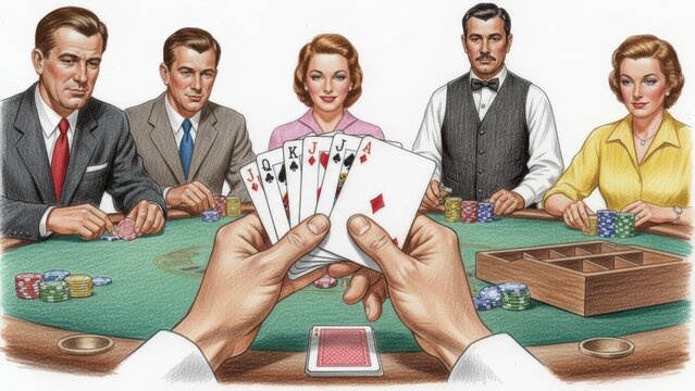 Group of five individuals engaged in a poker game, displaying cards and chips on a green felt table, showcasing tension and strategy in a classic casino atmosphere