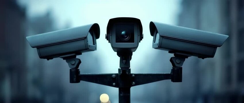 Three outdoor surveillance security cameras mounted together monitoring  blurry urban environment