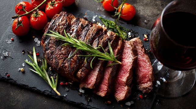 Succulent grilled beef steak with rosemary, sliced medium-rare on dark stone, accompanied by vine-ripened tomatoes and a glass of red wine