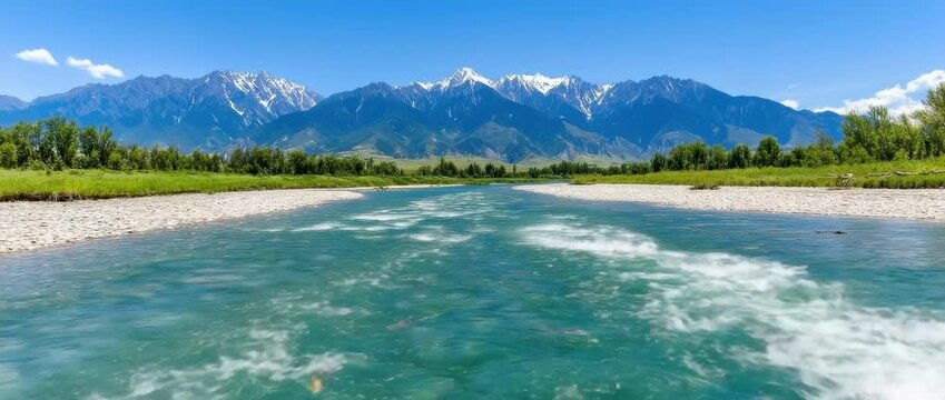 Two large fish swim upstream in  vibrant turquoise river with snowy mountains in the distance