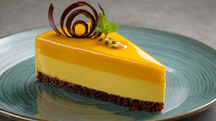 tropical mango mousse cake with chocolate decoration and mint