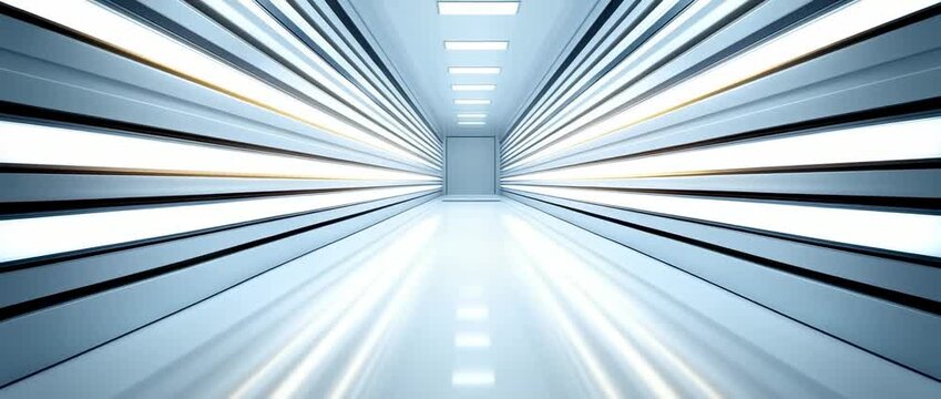 Futuristic brightly lit corridor with parallel light panels creating strong perspective and reflection