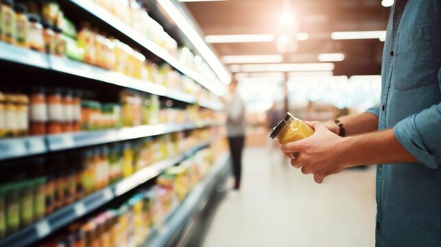 Man holding a glass jar and choosing a product in a supermarket aisle with shelves of packaged food, everyday shopping and consumer choice scene.