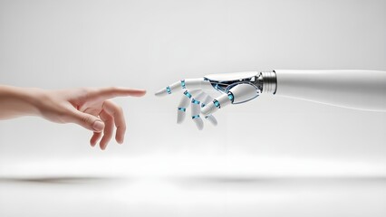 Human hand touching robotic arm fingers on clean white background, AI connection concept future technology