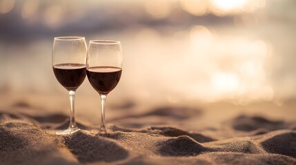 Romantic beach sunset red wine glasses evoke intimate Valentine’s Day lifestyle photography
