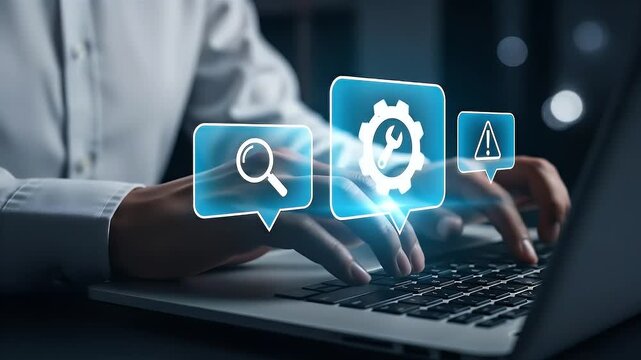 Online IT customer support. Remote help desk chat for technical support. Businessman using laptop computer to provide troubleshooting support.
