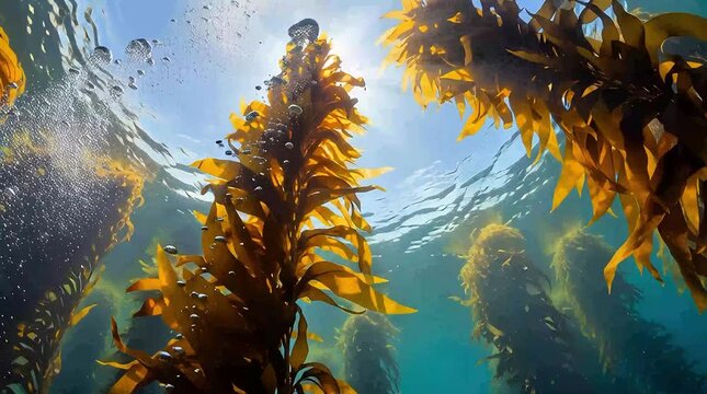 Vibrant kelp forest underwater with sunlight shining through