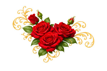 Beautiful red roses bouquet with golden decorative elements and green leaves on white