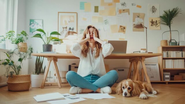Woman overwhelmed by work struggles to cope in her home office, finding solace with her loyal companion.