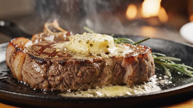 Juicy grilled steak topped with melted herb butter, char marks, rosemary, on a sizzling plate. Glaze