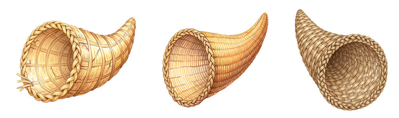 Three wicker cornucopias in different textures and weaves on transparent background