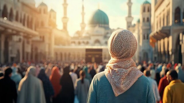 Devoted Muslim woman joins massive crowd of pilgrims advancing toward holy sanctuary of great mosque during beautiful sunset.