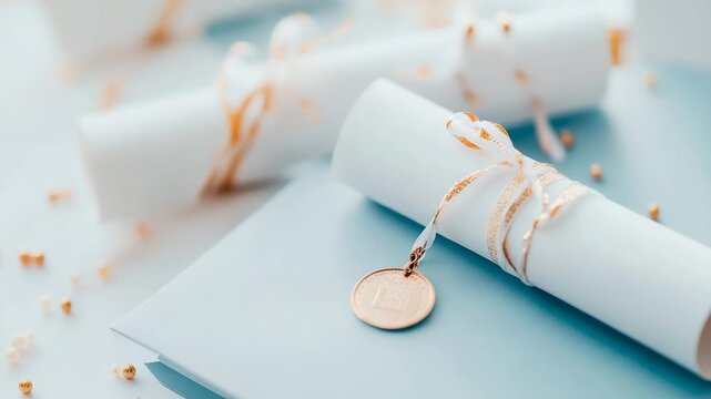 Elegant presentation of achievement scrolls tied with gold ribbon and medallion, symbolizing graduation success and certification