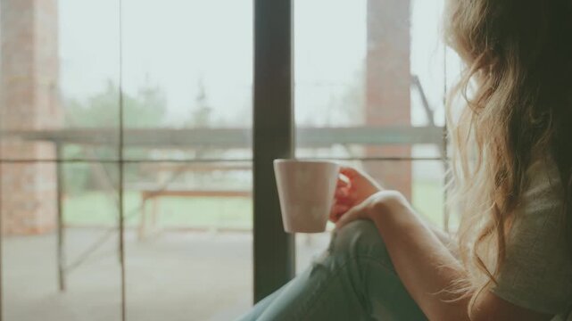 silhouette blonde hair young woman holding cup of hot natural tea, fresh ground coffee in hands drinking enjoys aroma of drink back view. adult girl cozy room home looking at window, casual garments