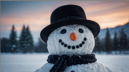 Snowman in winter landscape with hat and scarf