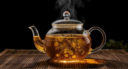 Steaming teapot with herbal tea on bamboo mat