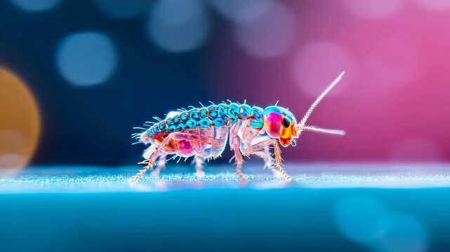 Extreme magnification of vibrant neon arthropod creature standing on luminous surface with electric blue and magenta ambient light