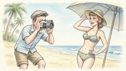Vintage illustration of a man photographing a smiling woman in a bikini on a beach, with palm trees and ocean waves in the background, capturing a joyful summer moment