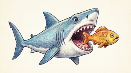 Illustration of a fierce shark with an open mouth, capturing a small goldfish, showcasing the predator-prey relationship in a vibrant underwater scene