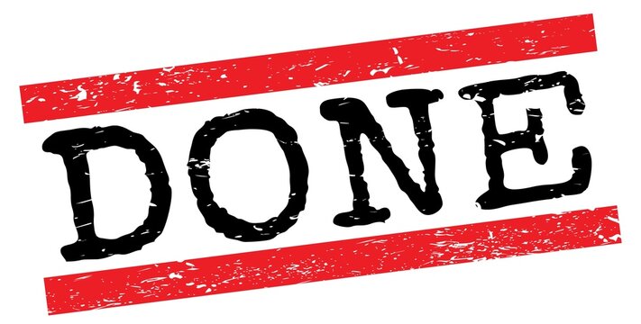 DONE text on red-black grungy lines stamp sign.