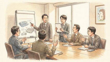 Japanese business professionals engaged in a meeting, discussing high fidelity audio technology, with visual aids and a collaborative atmosphere in a modern conference room