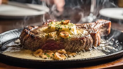 Juicy steak on a skillet, topped with herb butter and mushrooms, steaming richly with smoky aroma!!!