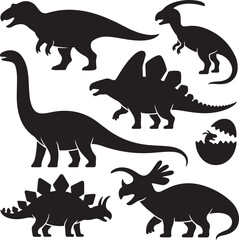 Vector illustration of dinosaur silhouette including Stegosaurus, Brontosaurus, Velociraptor, Triceratops, Tyrannosaurus rex, and Spinosaurus. © MstHazara