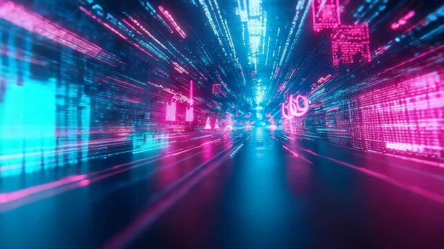 Fast-paced journey through abstract digital tunnel of luminous data streams and futuristic computing architecture