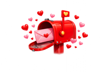 Red mailbox filled with love letters and floating pink hearts for Valentine Day concept on transparent background