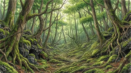 Lush green forest landscape with towering trees, moss-covered rocks, and a winding path, creating a serene and tranquil atmosphere in nature's embrace