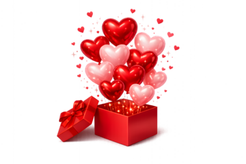 Open red gift box with floating pink and red hearts on transparent background