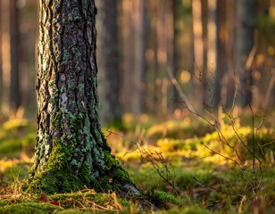 Mossy tree trunk in an autumn forest with a blurred background of trees and golden light filtering through