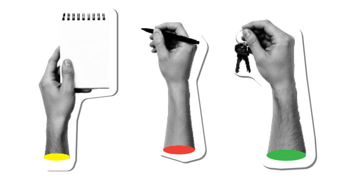 Hands set holding notebook, writing with pen and holding house keys, retro halftone pop art sticker style illustration