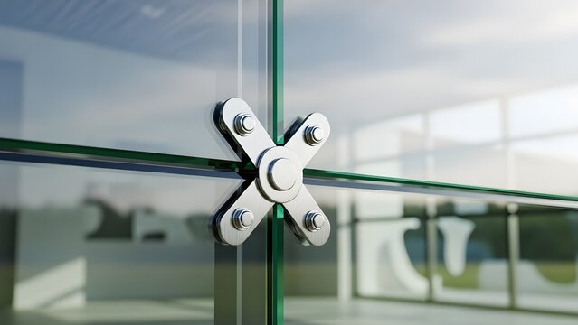 Close-up of a stainless steel spider fitting connecting structural glass panels in a modern architectural facade isolated on white.