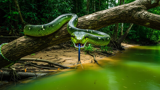 Green Tree Python Hanging on Fallen Tree Above Jungle River. A striking green tree python resting on a fallen tree trunk above a calm jungle river, with its mouth open and tongue flicking.