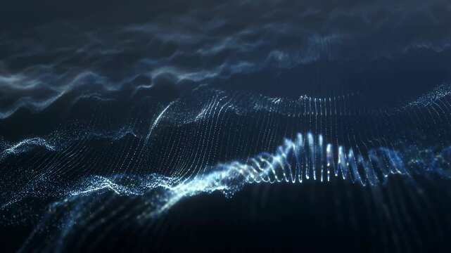 Abstract digital wave patterns with glowing particles. Visual representation of sound waves and data flow in a modern digital landscape
