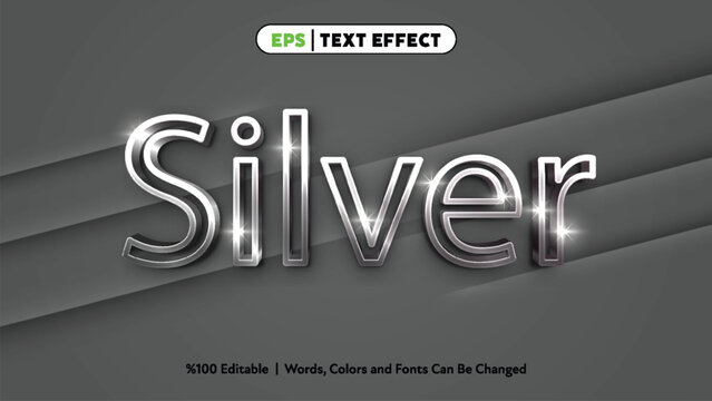 Metallic silver glowing text effect with sparkling highlights on dark layered background shiny futuristic style elegant chrome typography design for digital art