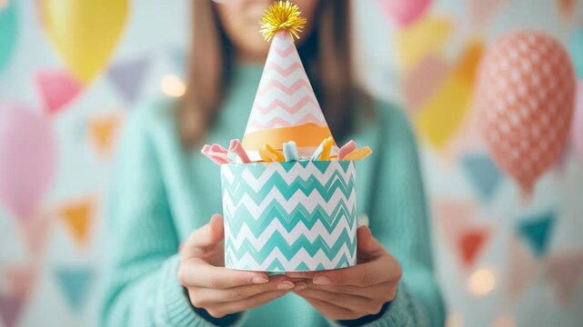 Young woman presenting festive celebration kit box with chevron pattern, featuring conical hat and colorful confetti items