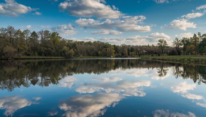 River reflecting cloudy sky and surrounding greenery