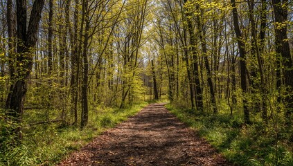 Sunlit forest path with tall trees and green undergrowth