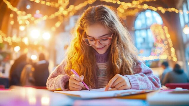 Cheerful young student wearing spectacle frames diligently drawing or writing on notebook, bathed in warmth of celebratory golden light chains indoors.