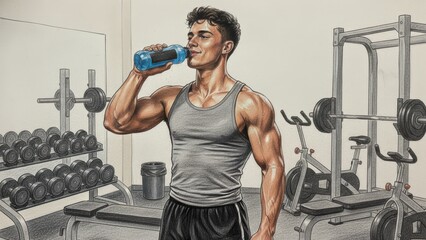 Athletic young man with muscular physique is drinking water from a blue bottle in a gym, surrounded by weights and exercise equipment, showcasing fitness and health lifestyle